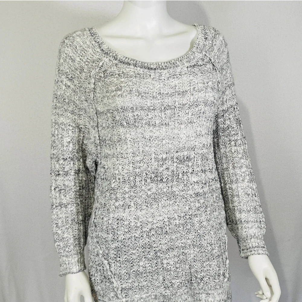 Free People Sweater Womens Medium White Gray Cable Knit Scoop Neck Pullover Top - Picture 8 of 10